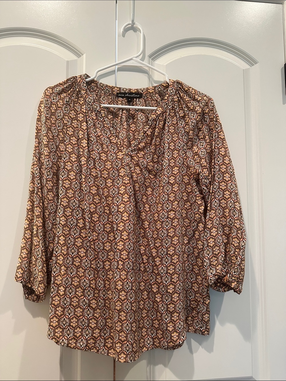 Brown Printed V-Neck Blouse with Cream Accents by New Direction